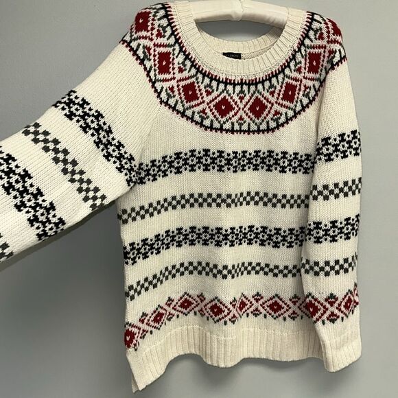 Talbots XL Ivory Red Nordic Fair Isle Wool Blend Knit Crewneck Sweater - Picture 7 of 15